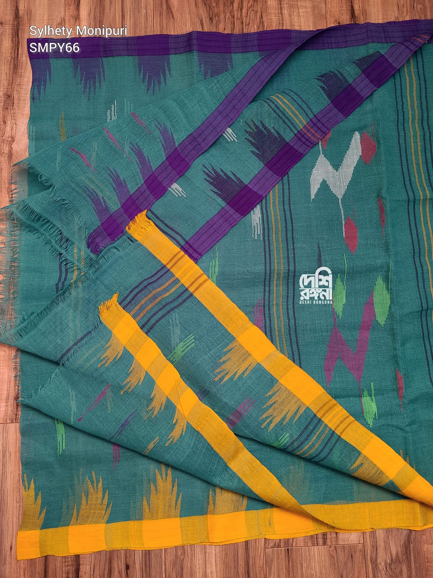 Sea Green Monipuri Saree with Dual Temple Border