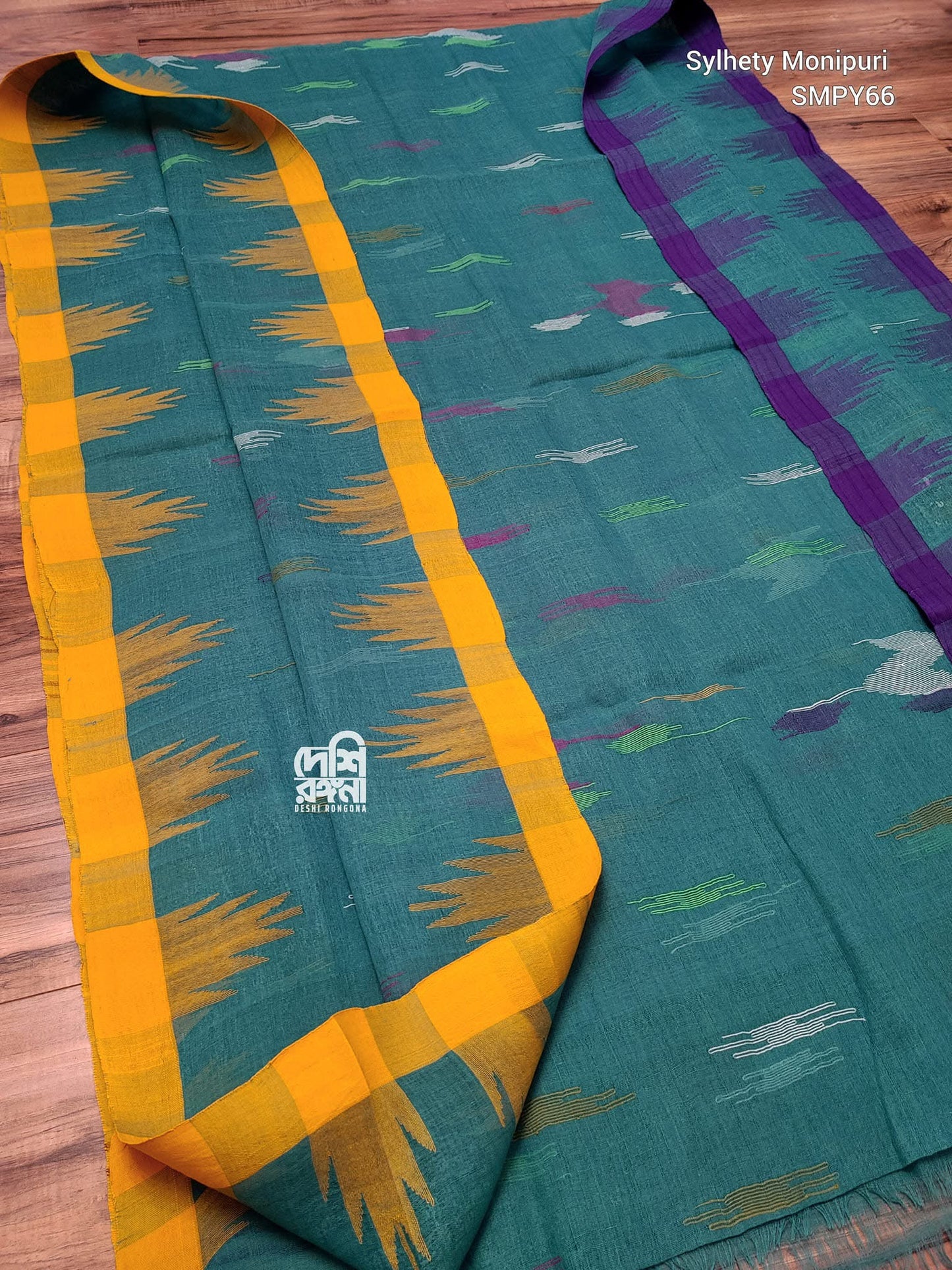 Sea Green Monipuri Saree with Dual Temple Border