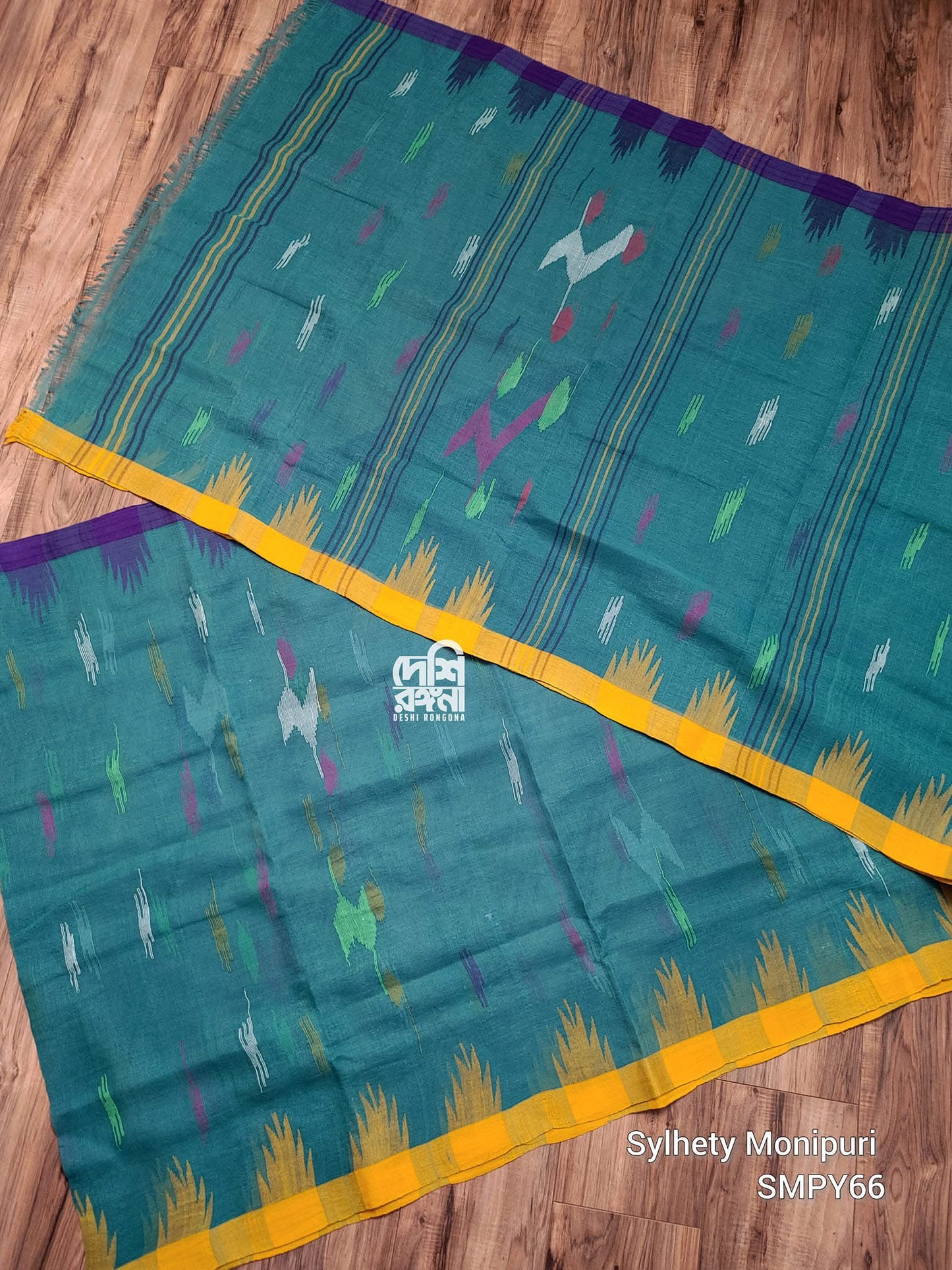 Sea Green Monipuri Saree with Dual Temple Border