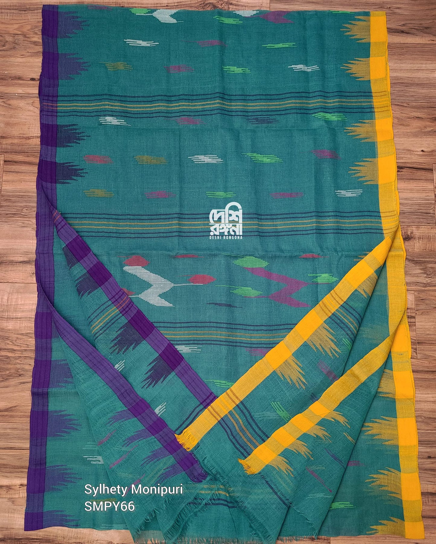 Sea Green Monipuri Saree with Dual Temple Border