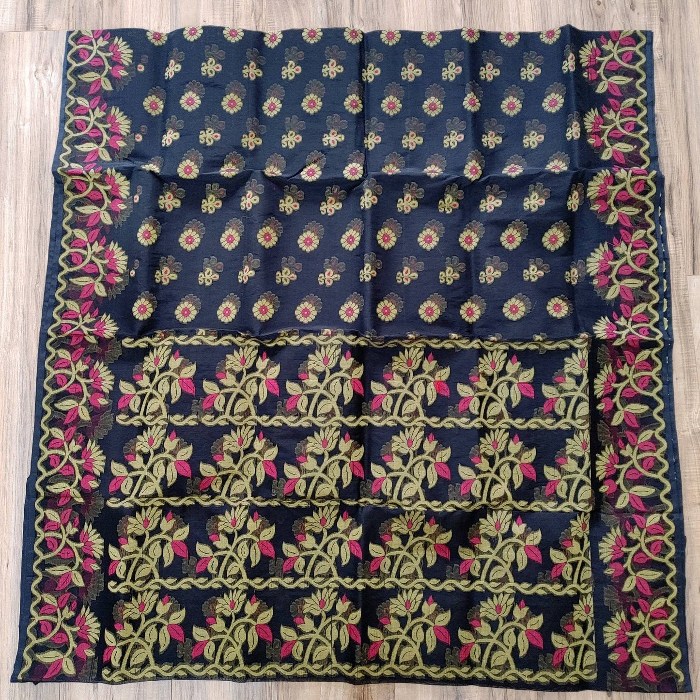 Tangail Tantuja Semi Muslin-Cotton Saree, Beautiful Olive with Magenta-Golden Thread Work, Handwoven Elegant, Made in Tangail,Bangladesh