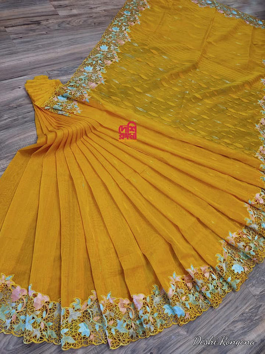 Yellow Original Dhakai Jamdani with Cutwork Embroidery