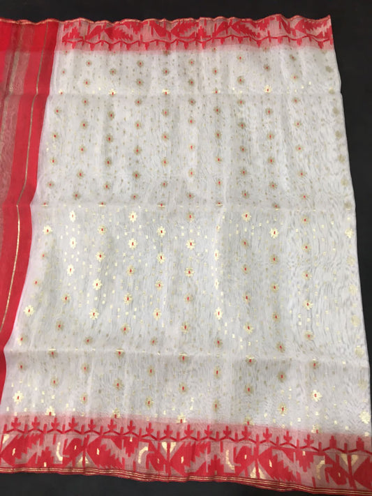 White Red Dhakai Jamdani Saree – Halfsilk, Handwoven