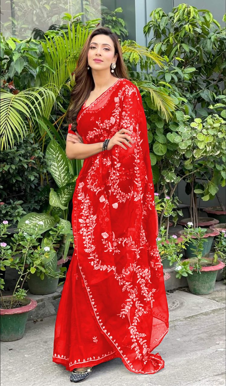 Original Moslin Handmade Karchupri work Saree, Bridal Red