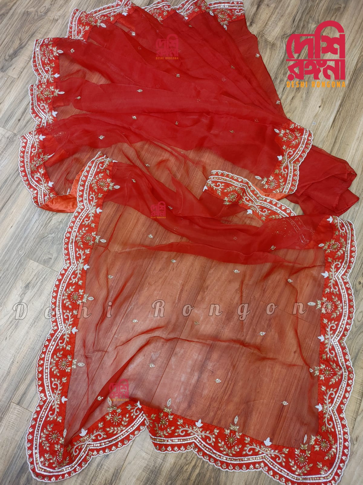 Original Moslin Handmade Karchupri work Saree, Bridal Red