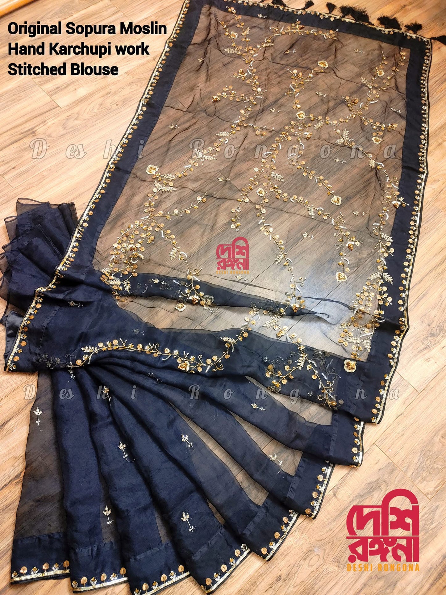 Original Moslin Hand Karchupi work Saree, Black