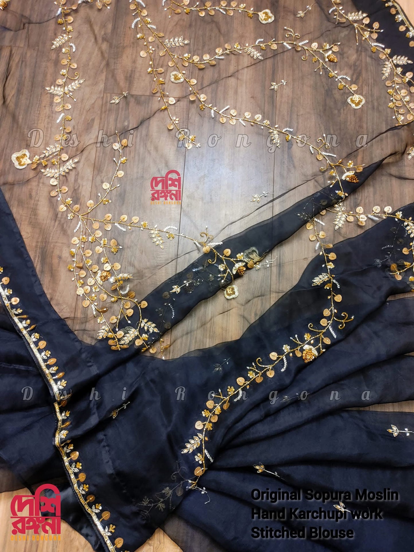 Original Moslin Hand Karchupi work Saree, Black