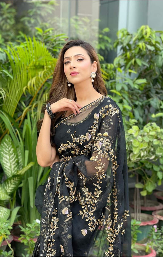 Original Moslin Hand Karchupi work Saree, Black