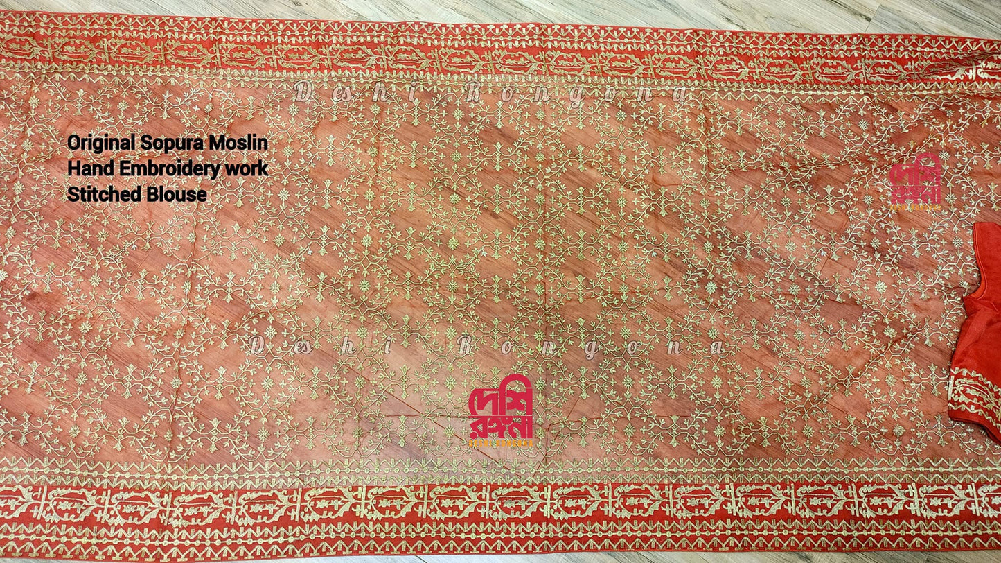 Original Moslin Hand Embroidered Saree, Bridal Red