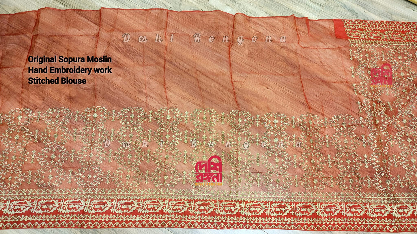 Original Moslin Hand Embroidered Saree, Bridal Red