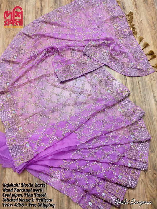Original Moslin Hand Karchupi work Saree, Lavender Dream