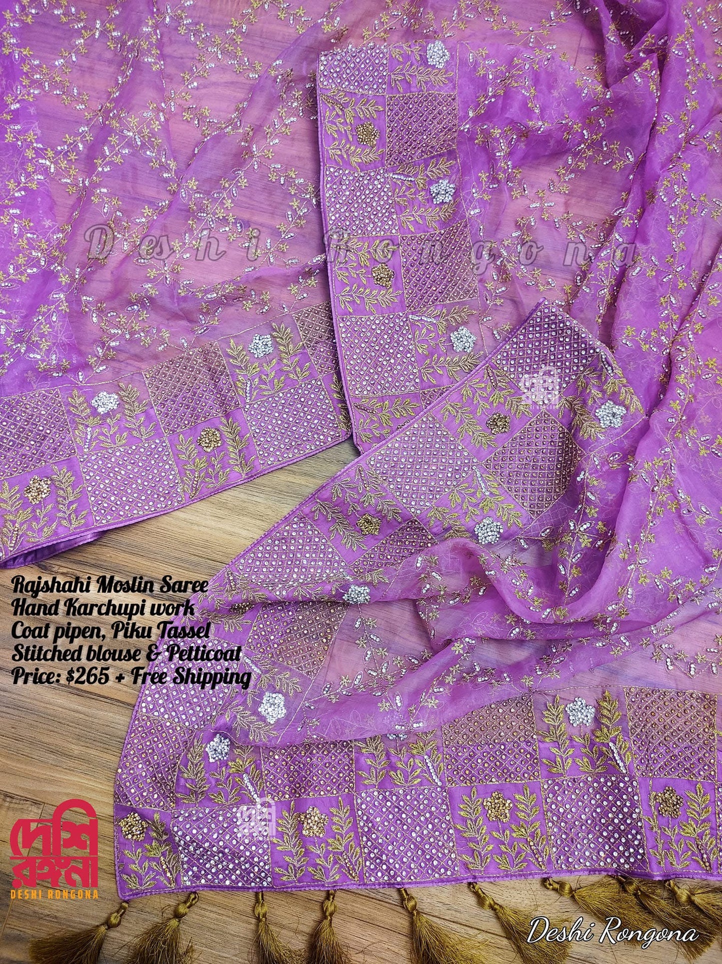 Original Moslin Hand Karchupi work Saree, Lavender Dream
