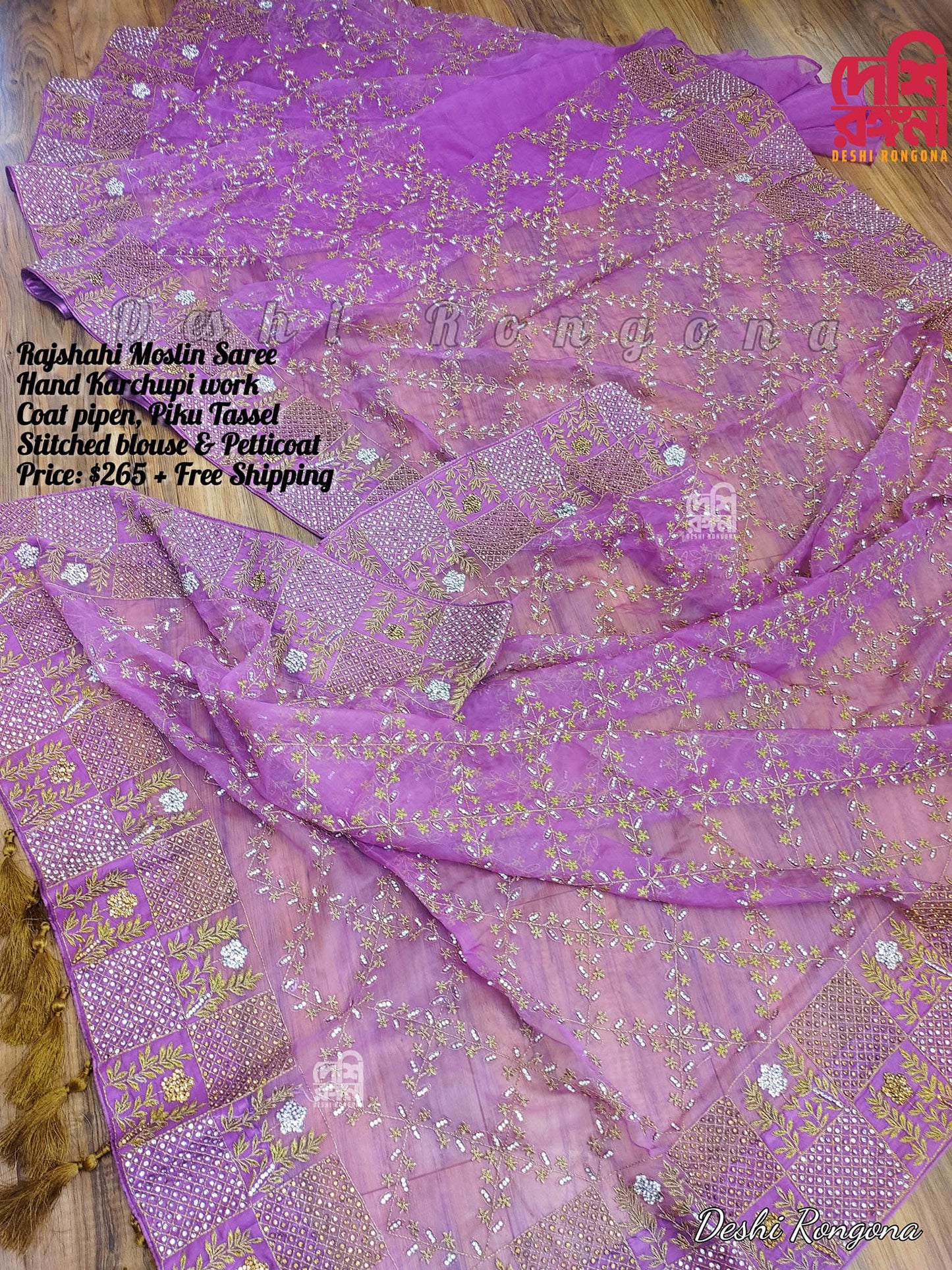 Original Moslin Hand Karchupi work Saree, Lavender Dream