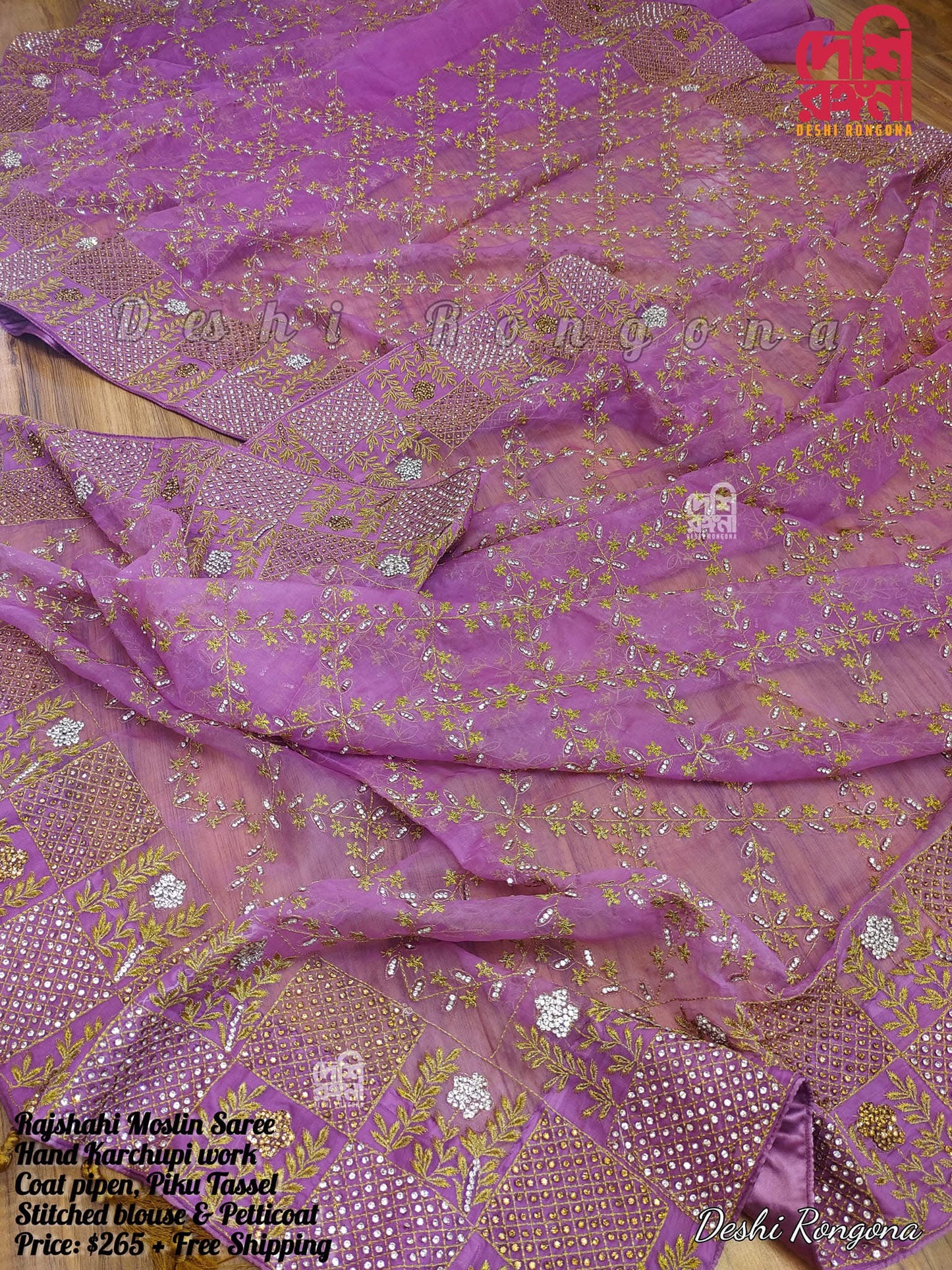 Original Moslin Hand Karchupi work Saree, Lavender Dream