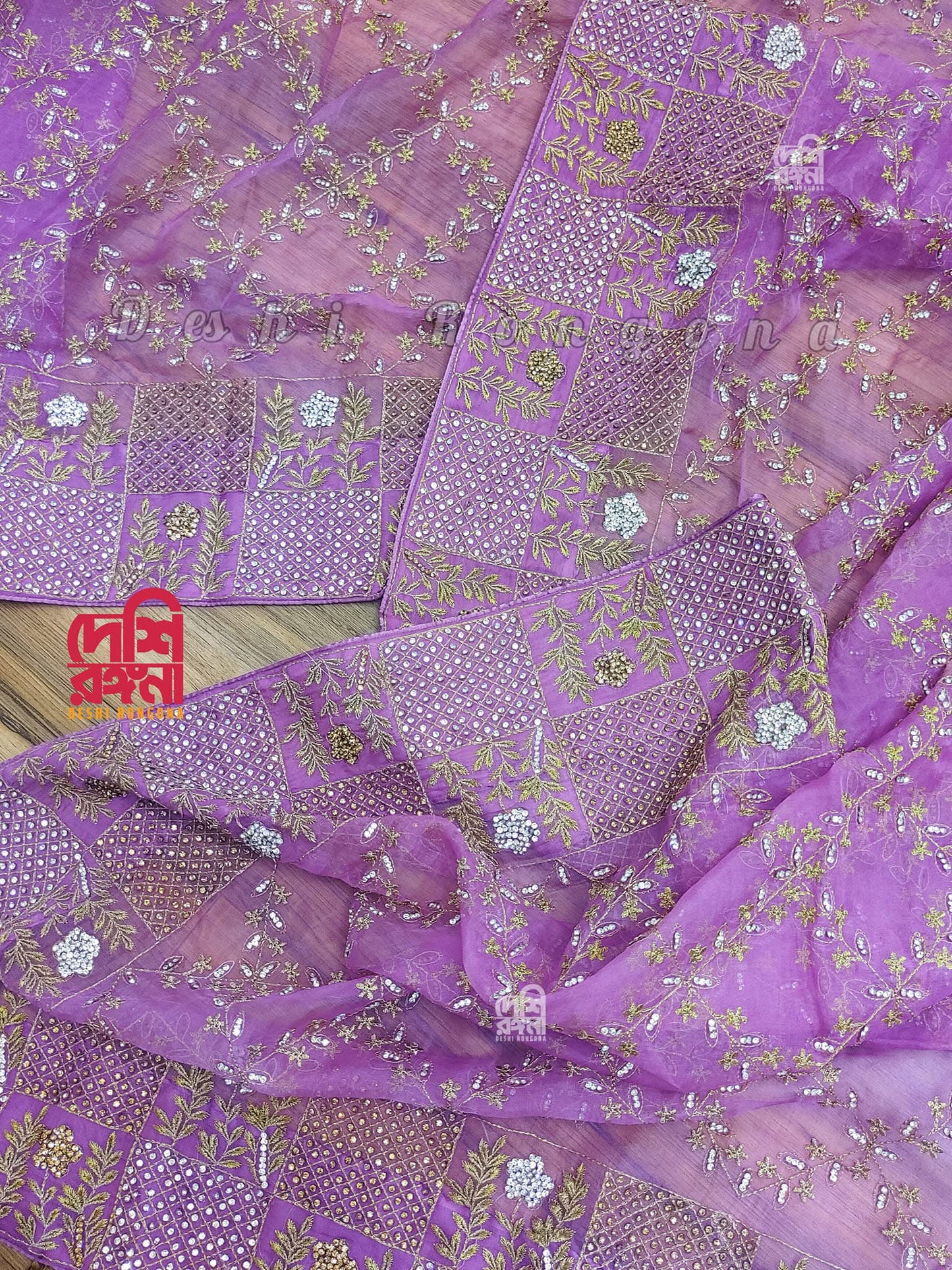 Original Moslin Hand Karchupi work Saree, Lavender Dream