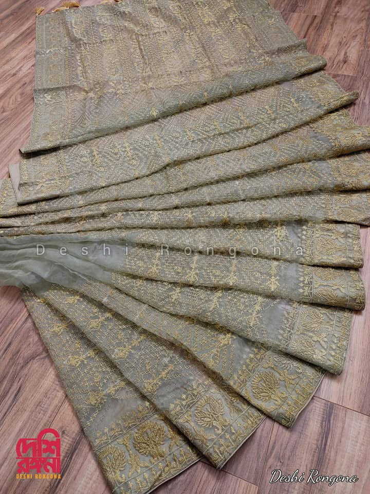 Original Moslin Hand Embroidery work Saree, Sage Green