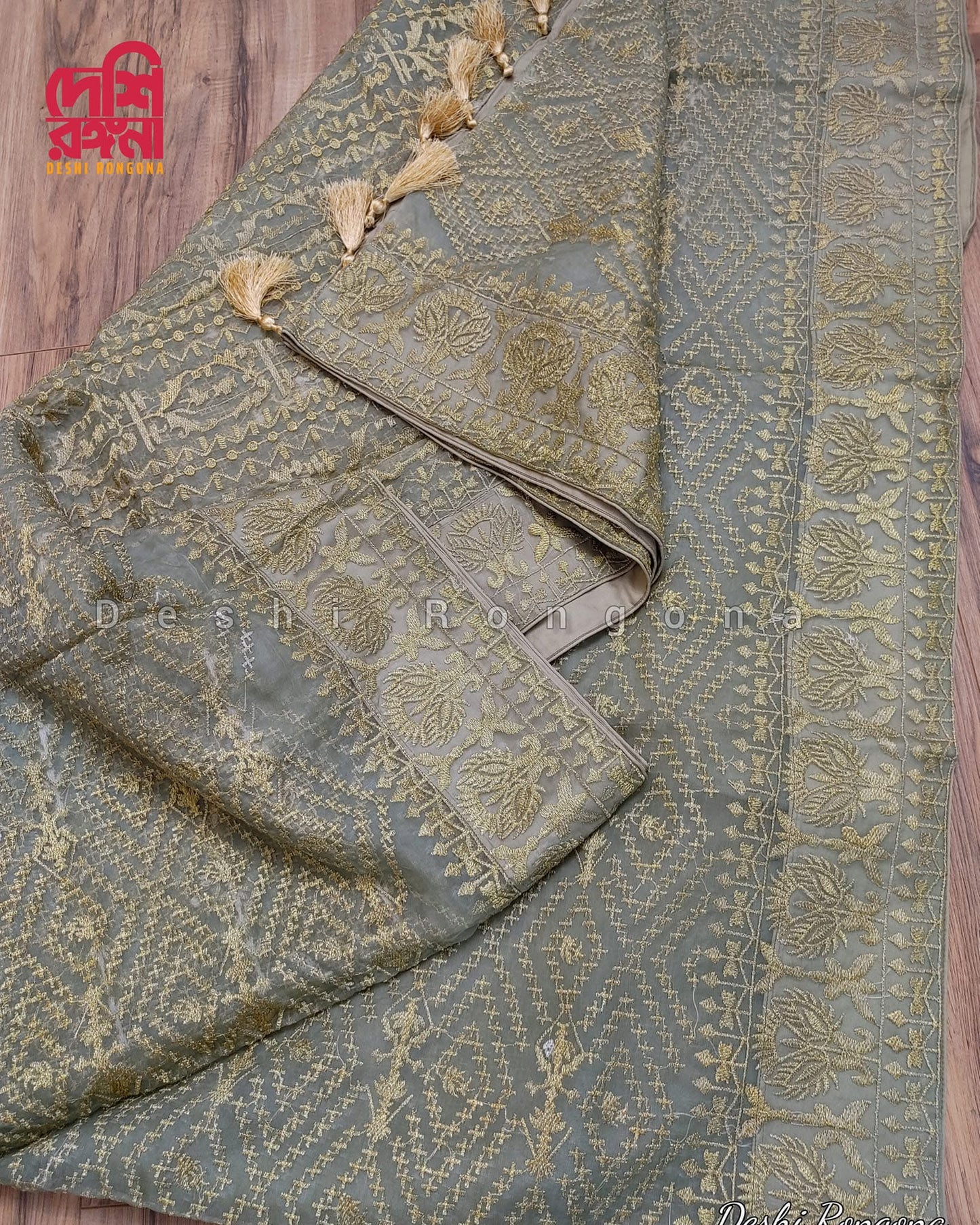 Original Moslin Hand Embroidery work Saree, Sage Green