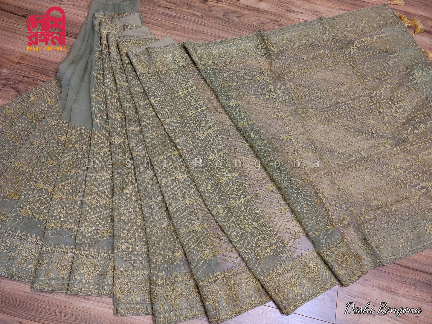 Original Moslin Hand Embroidery work Saree, Sage Green