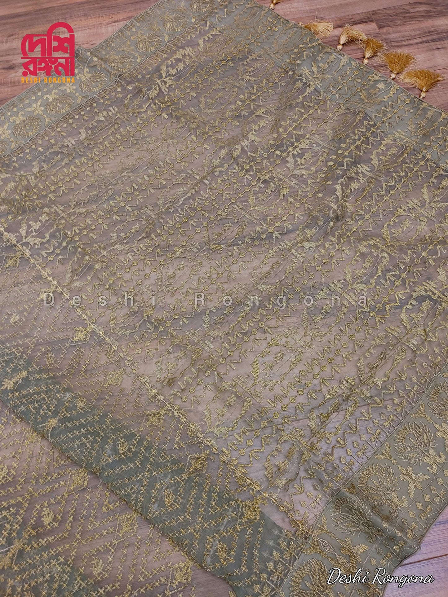 Original Moslin Hand Embroidery work Saree, Sage Green