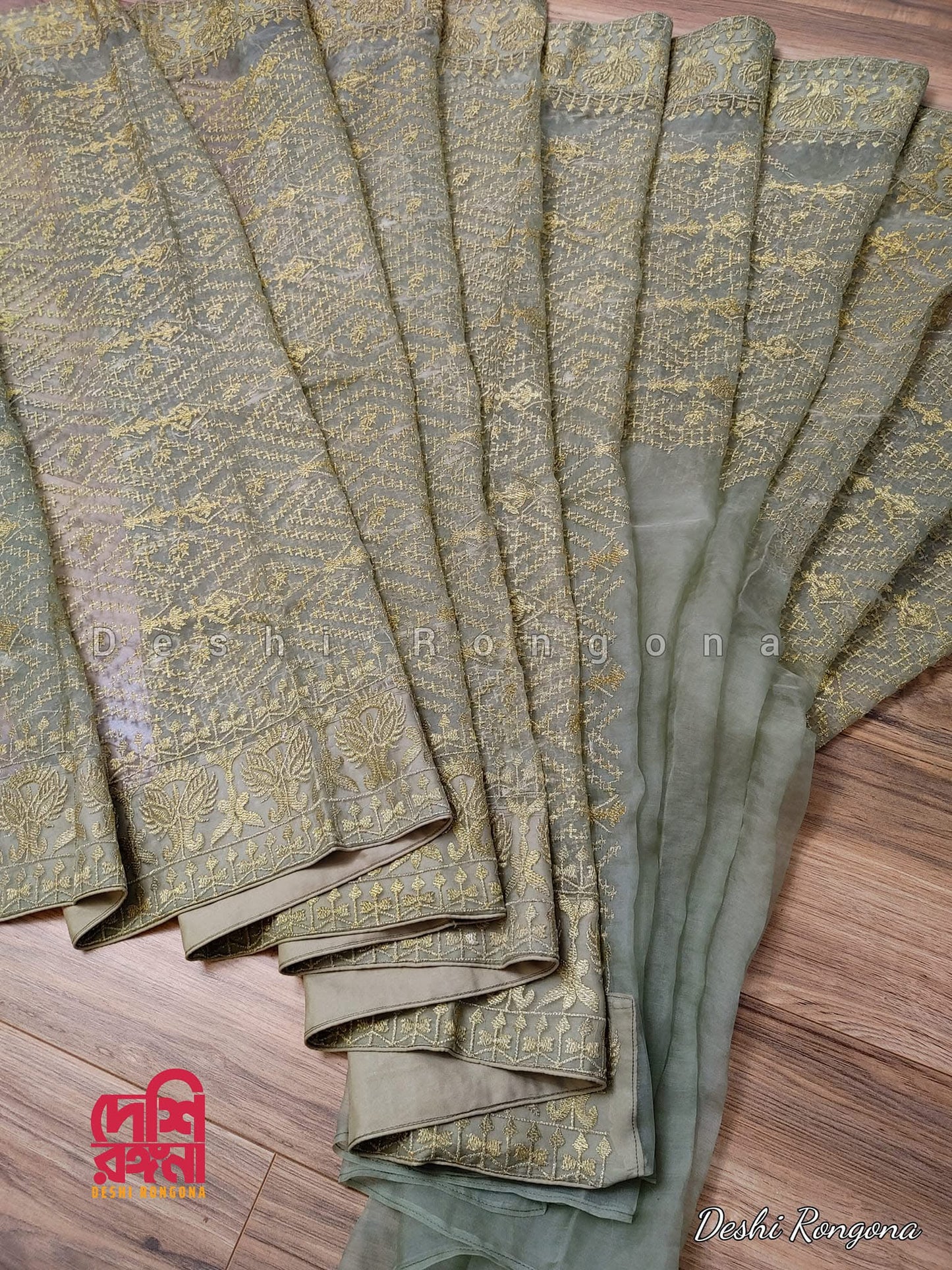 Original Moslin Hand Embroidery work Saree, Sage Green