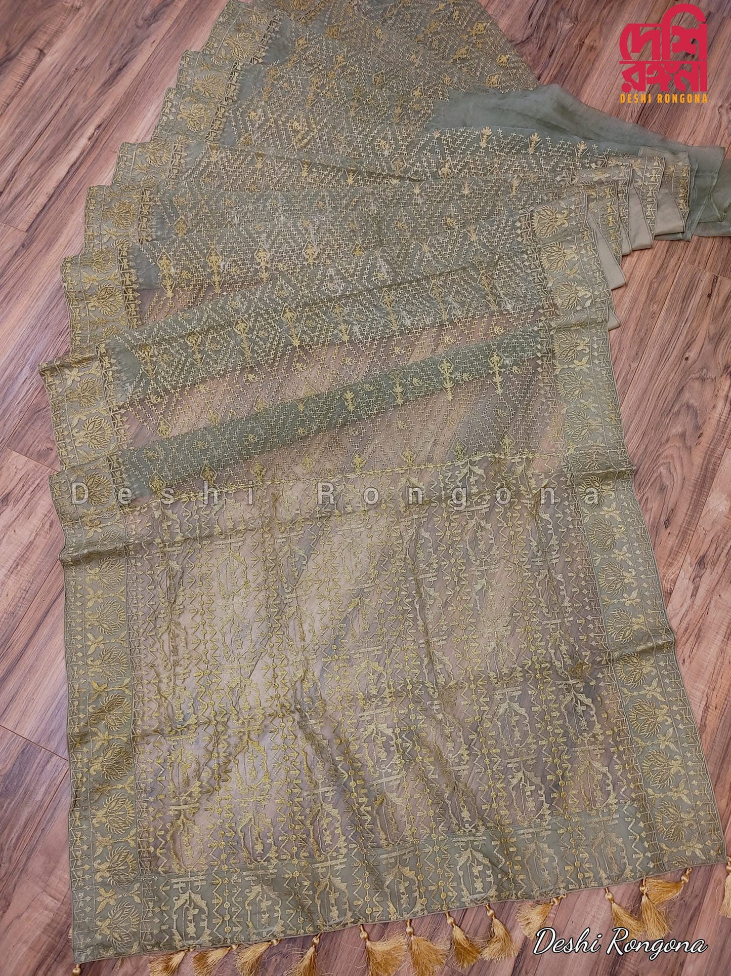 Original Moslin Hand Embroidery work Saree, Sage Green