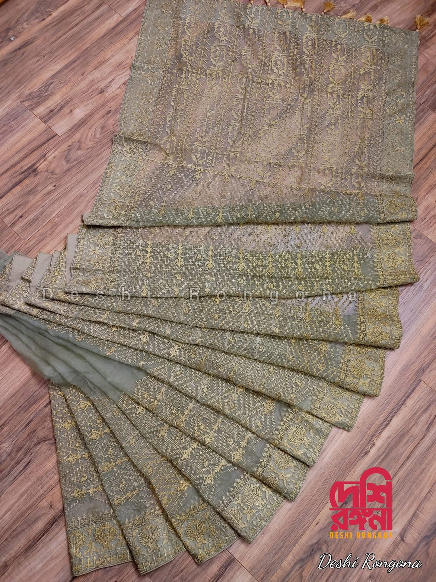 Original Moslin Hand Embroidery work Saree, Sage Green
