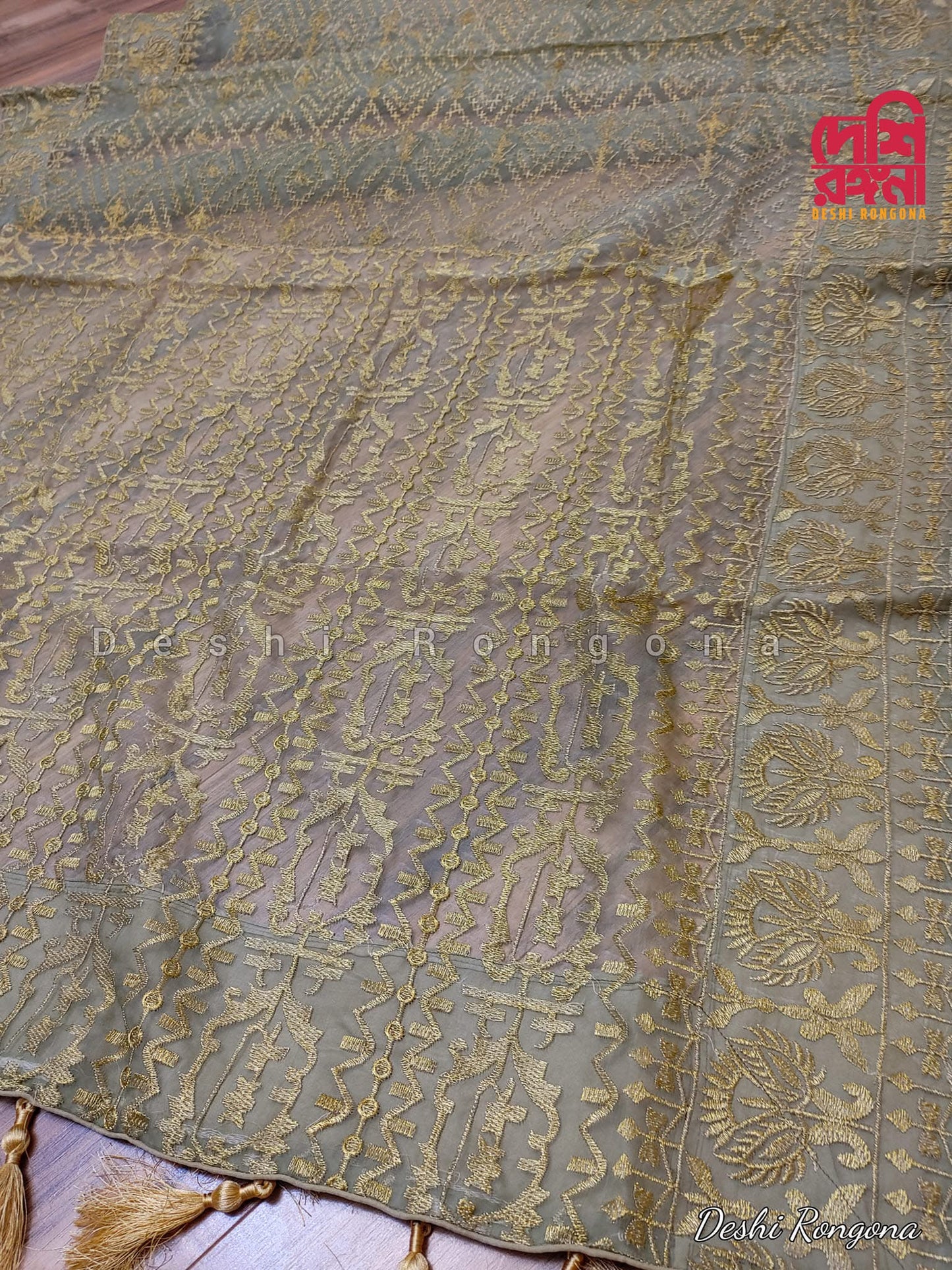 Original Moslin Hand Embroidery work Saree, Sage Green