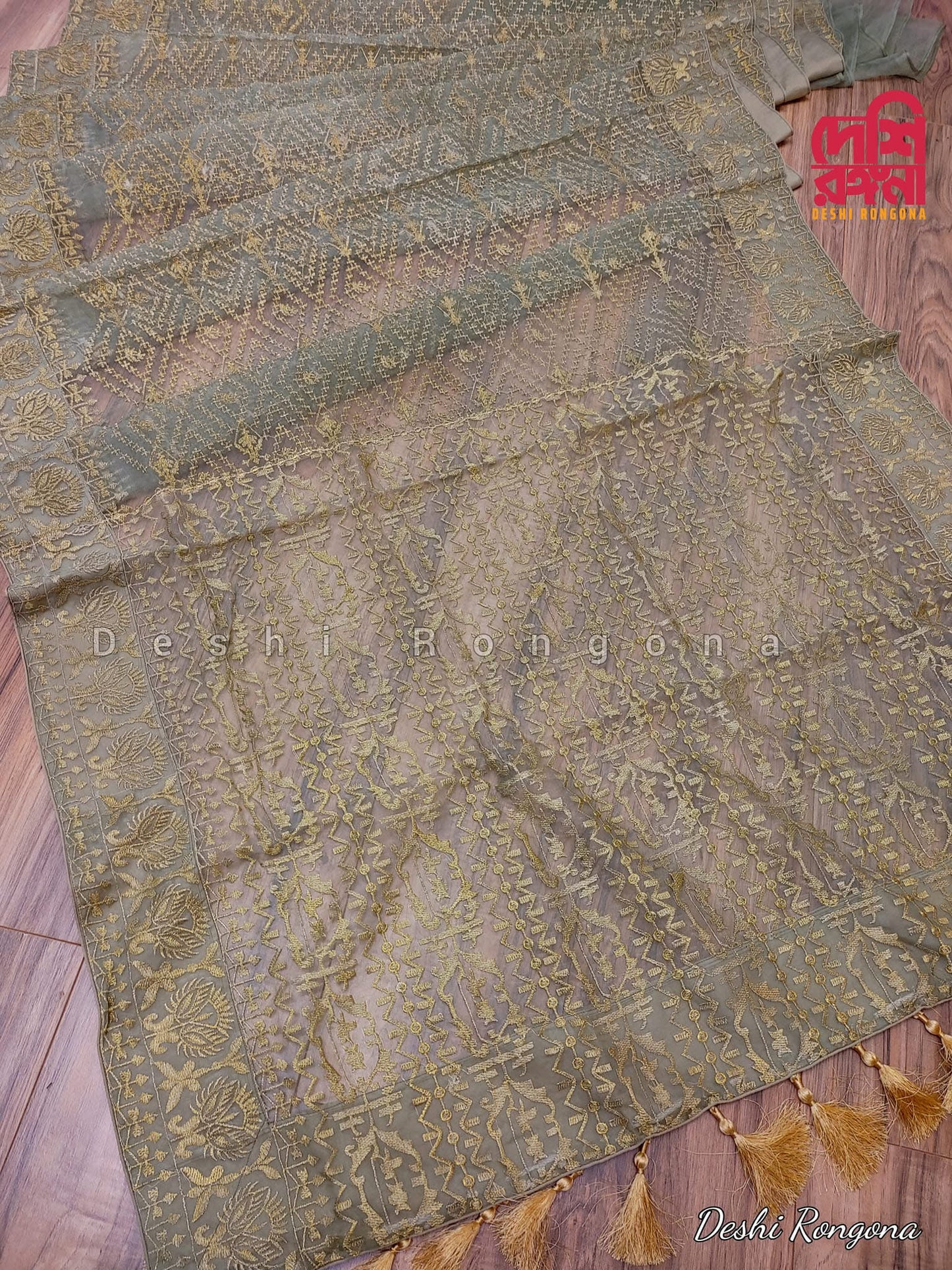 Original Moslin Hand Embroidery work Saree, Sage Green
