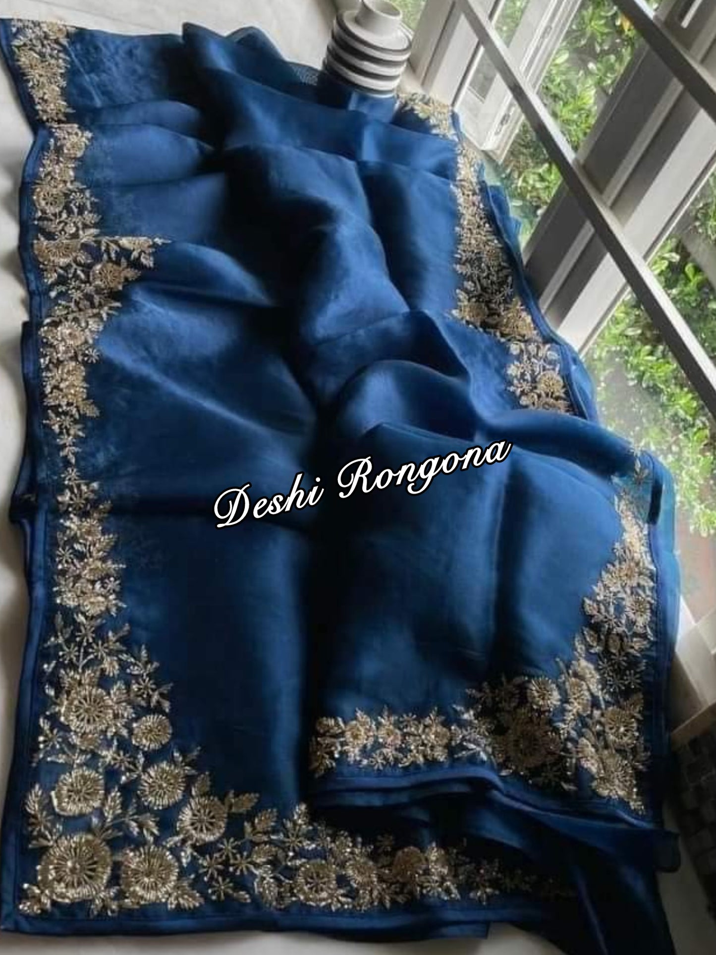 Original Moslin Hand Embroidery work Saree, Ocean Teal