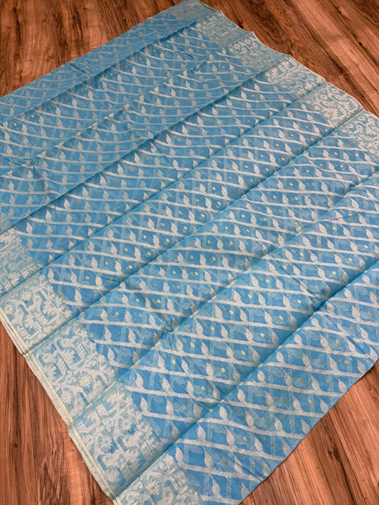 Tangail Halfsilk Saree, Electric Teal color