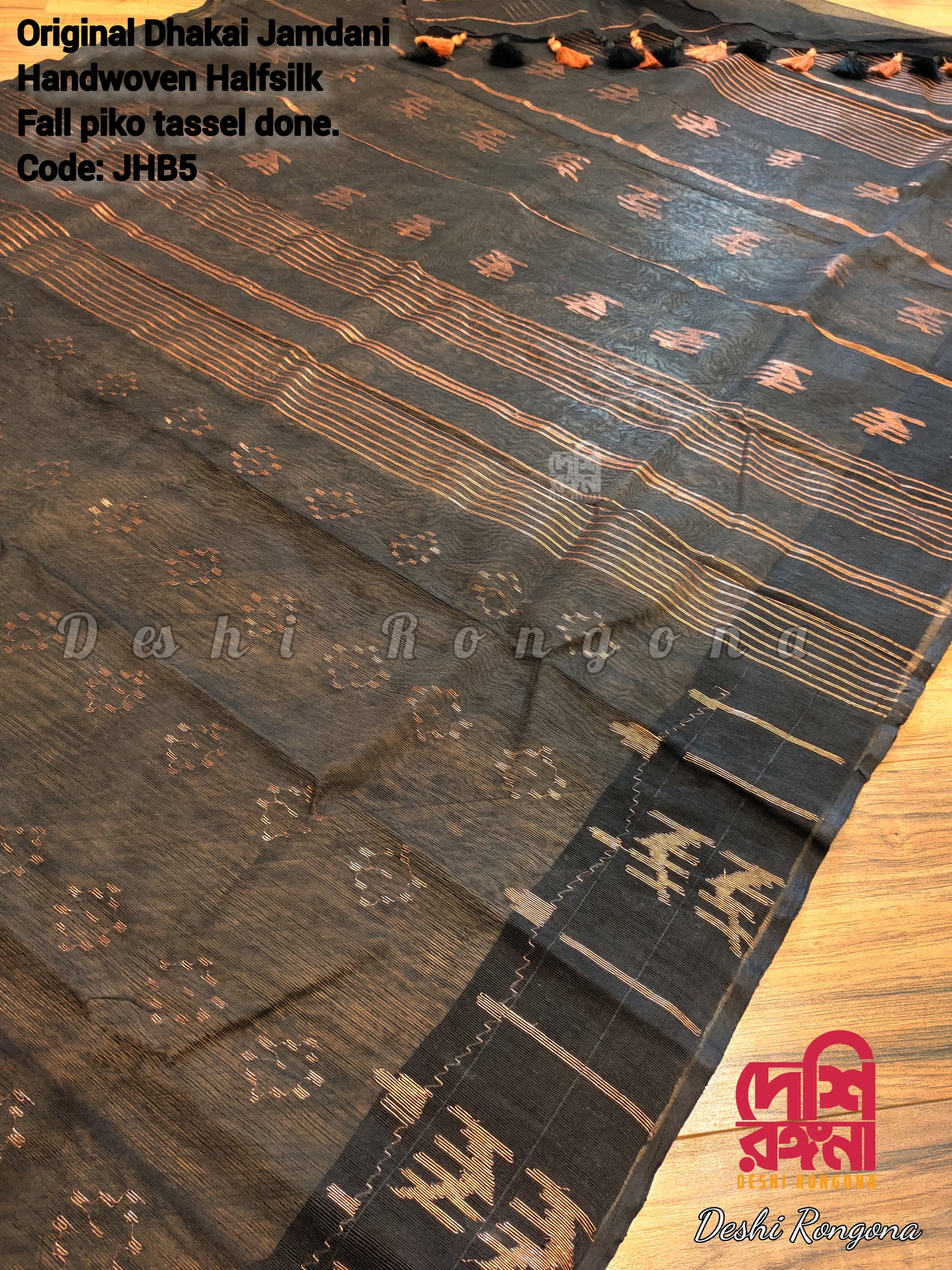 Black Dhakai Jamdani Saree with Copper