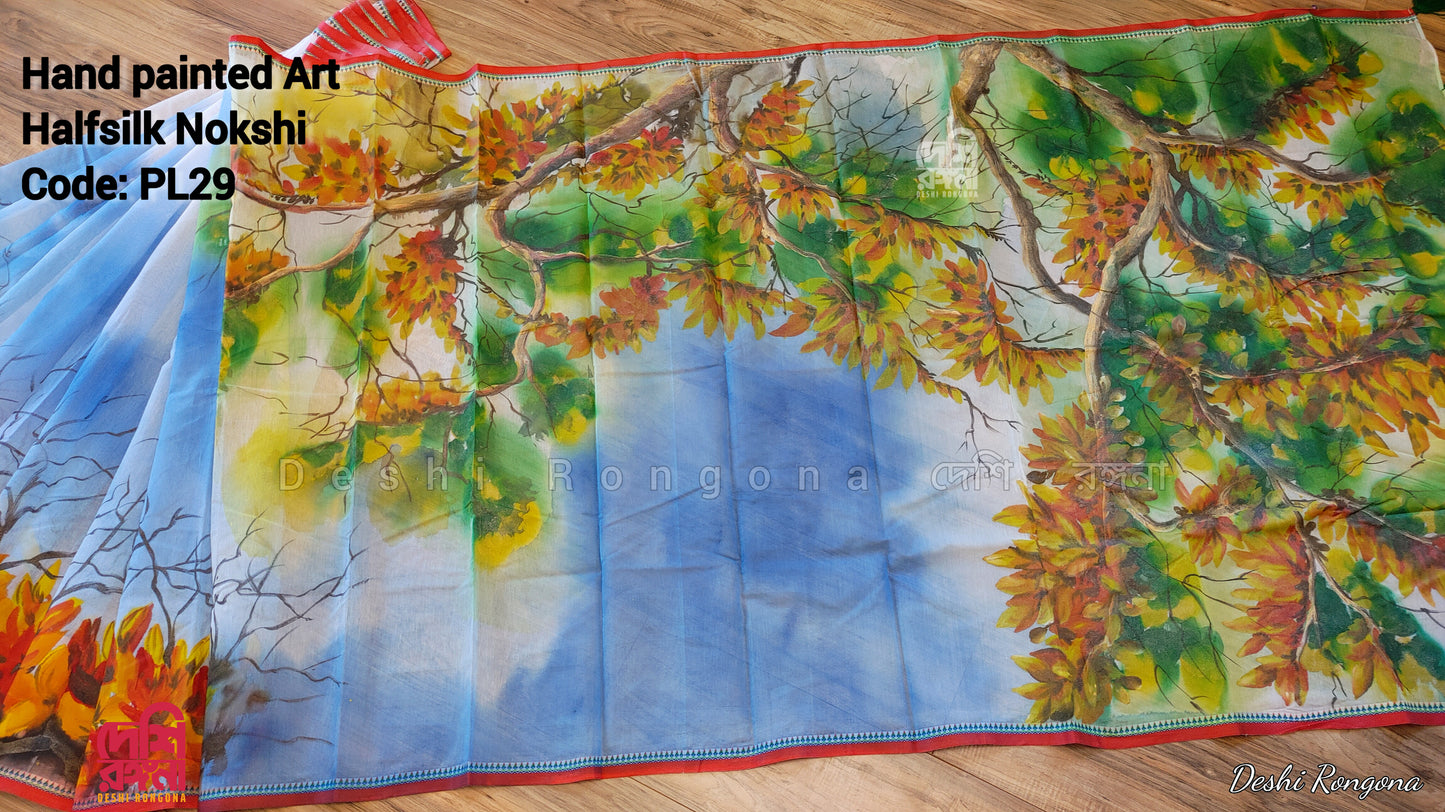 Butea Bloom Nokshi Saree – Handpainted Halfsilk