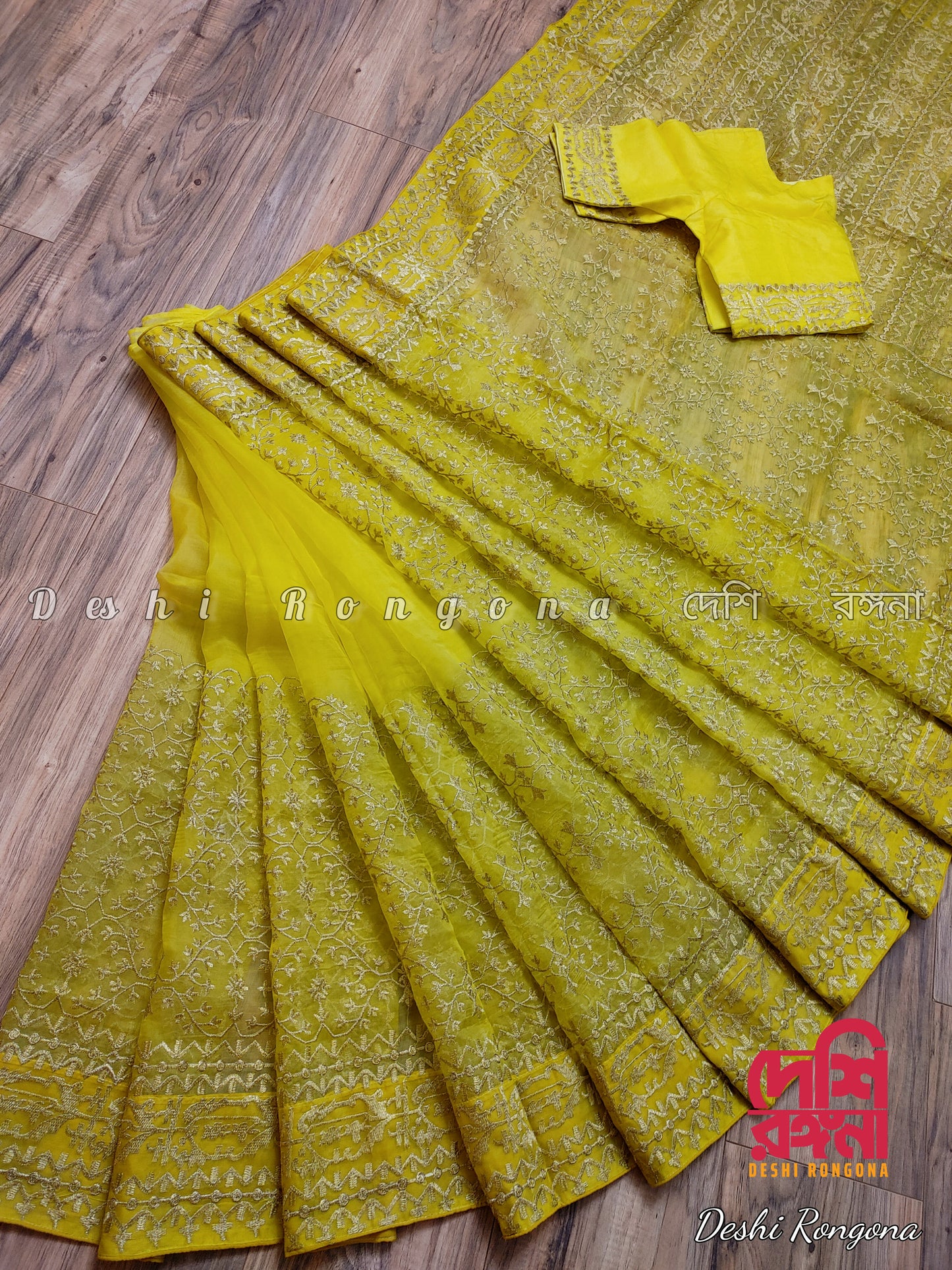 Original Moslin Hand Embroidery work Saree, Lemon Lime Color