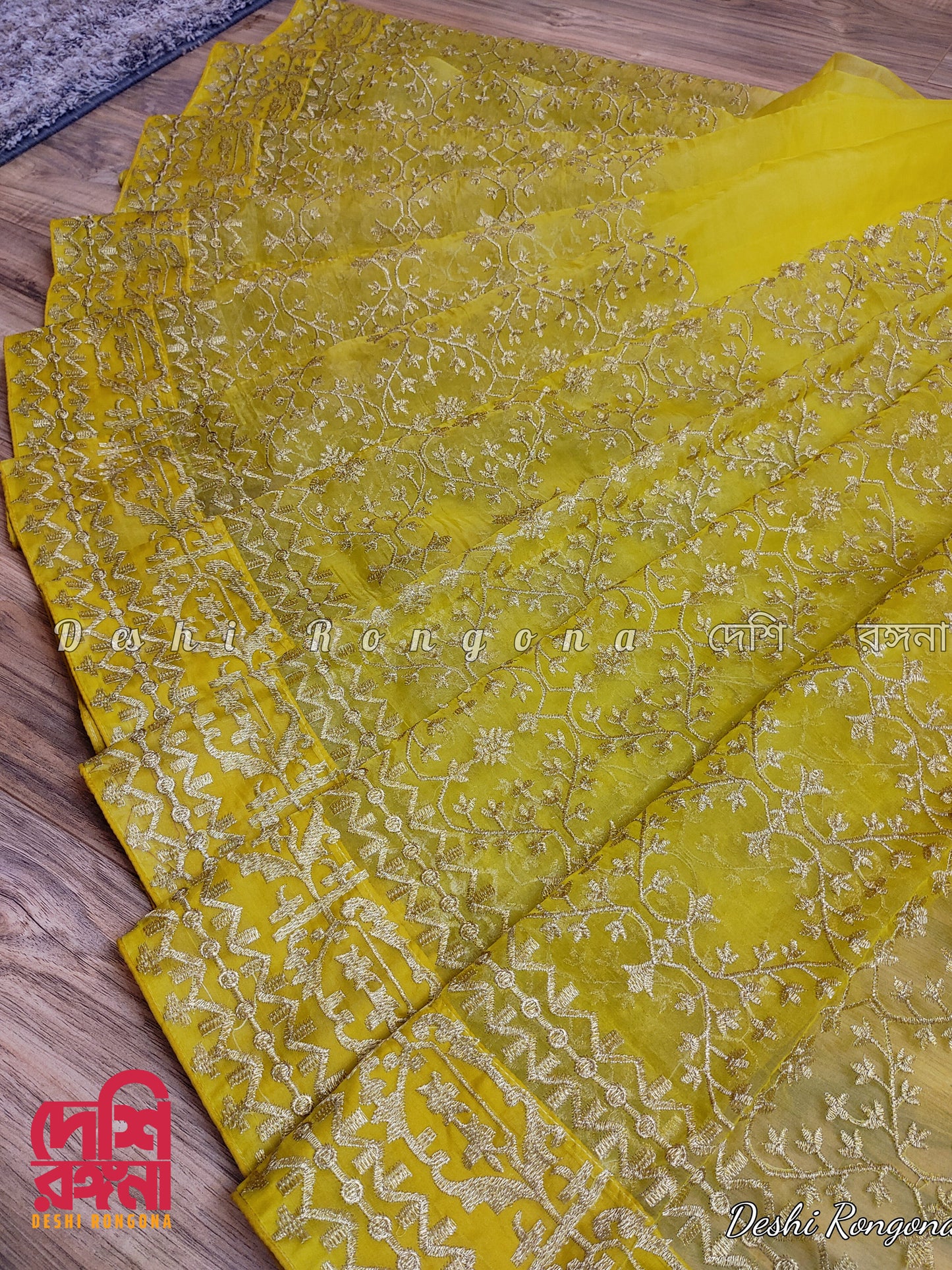 Original Moslin Hand Embroidery work Saree, Lemon Lime Color