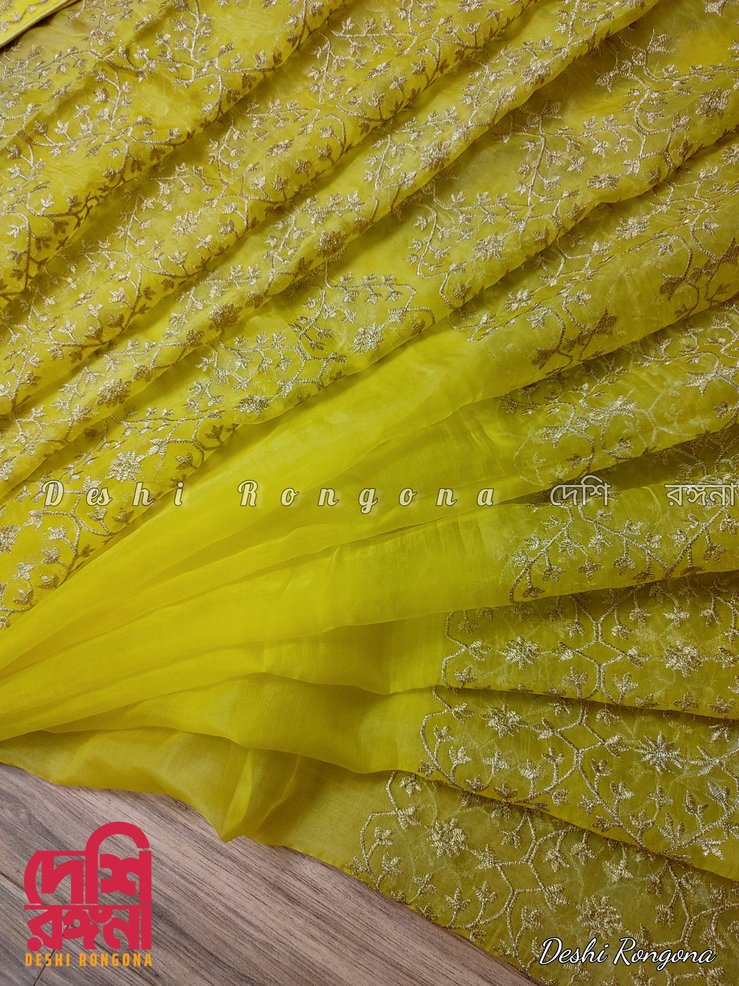 Original Moslin Hand Embroidery work Saree, Lemon Lime Color