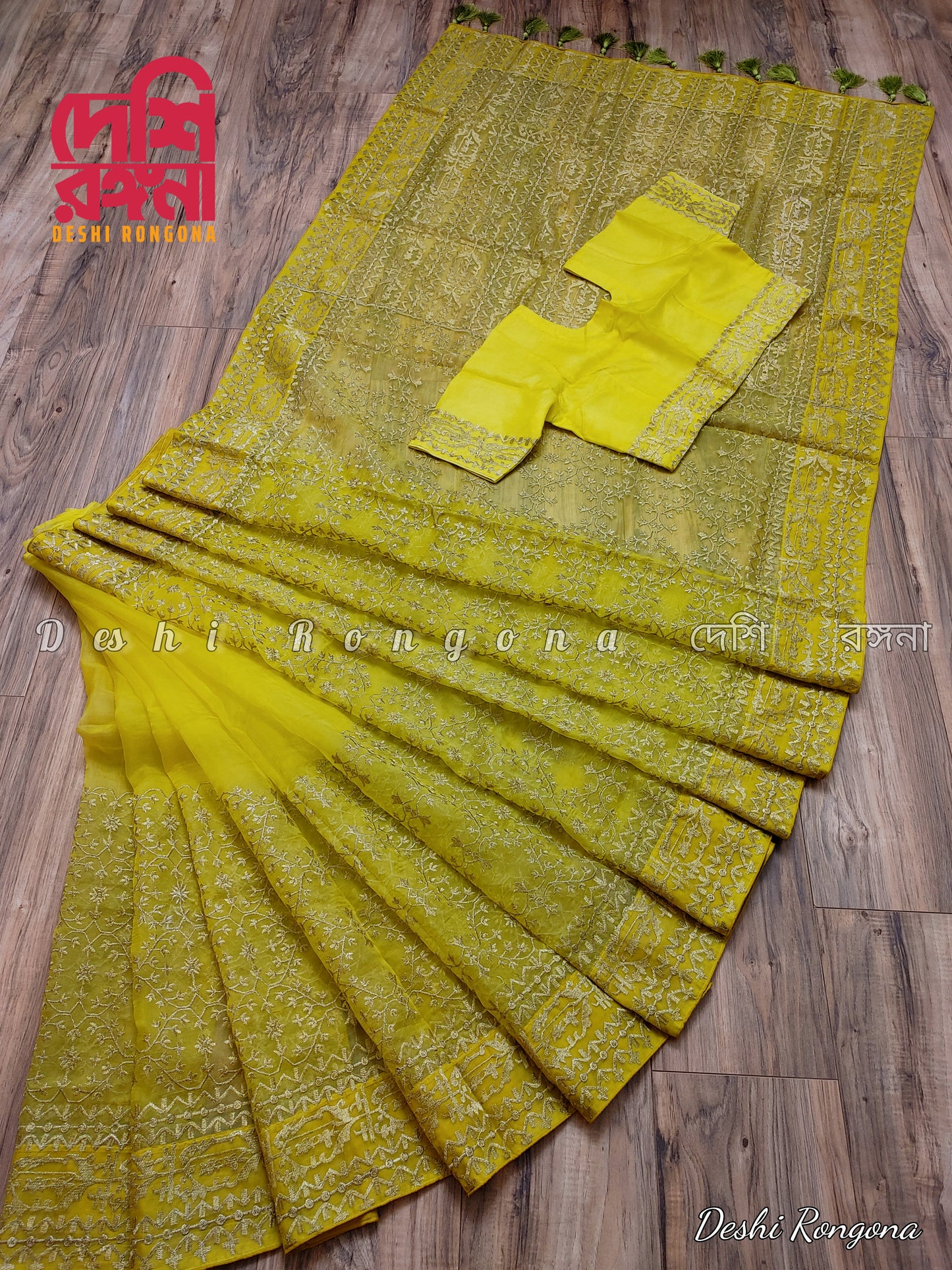 Original Moslin Hand Embroidery work Saree, Lemon Lime Color