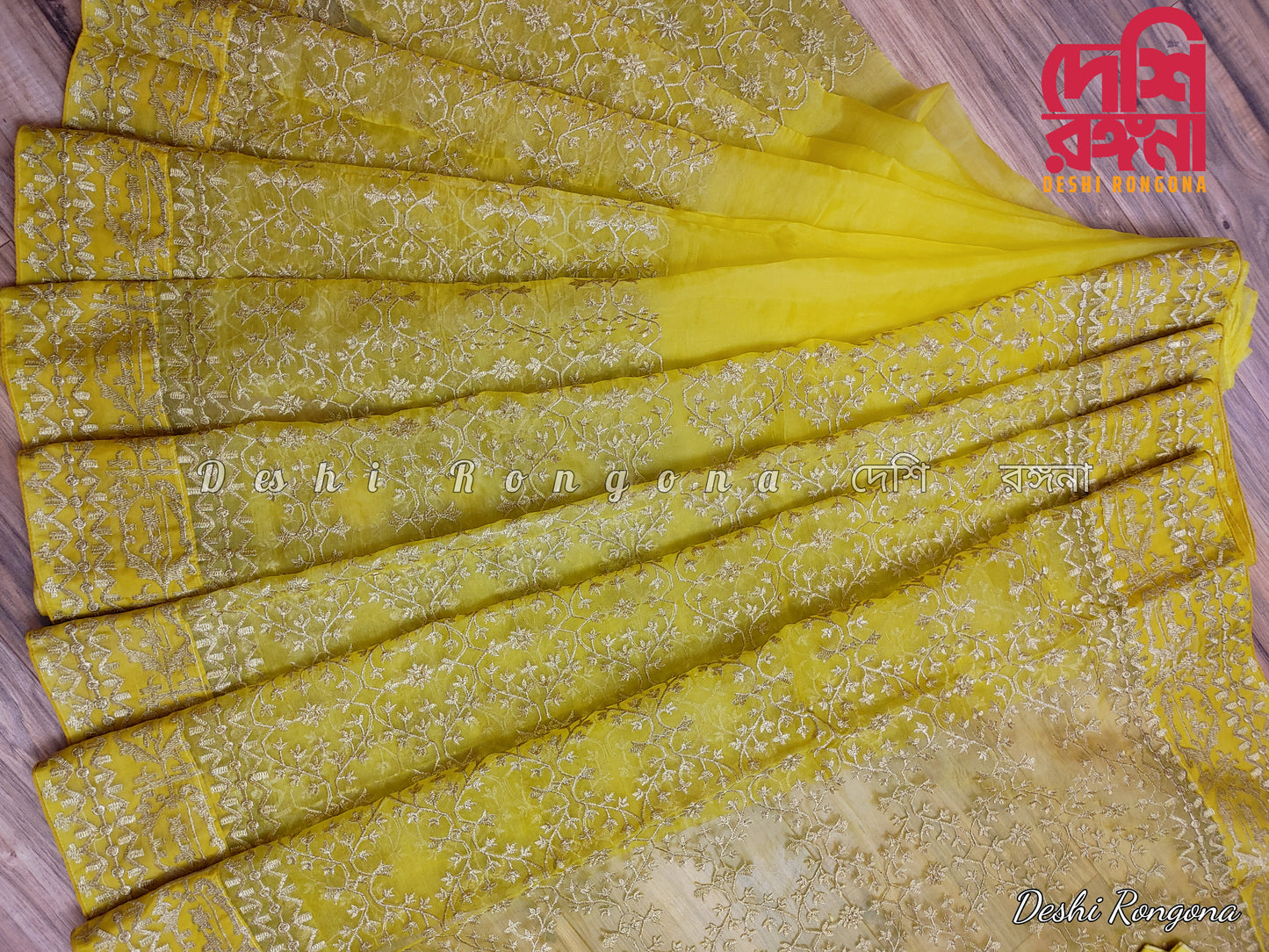 Original Moslin Hand Embroidery work Saree, Lemon Lime Color
