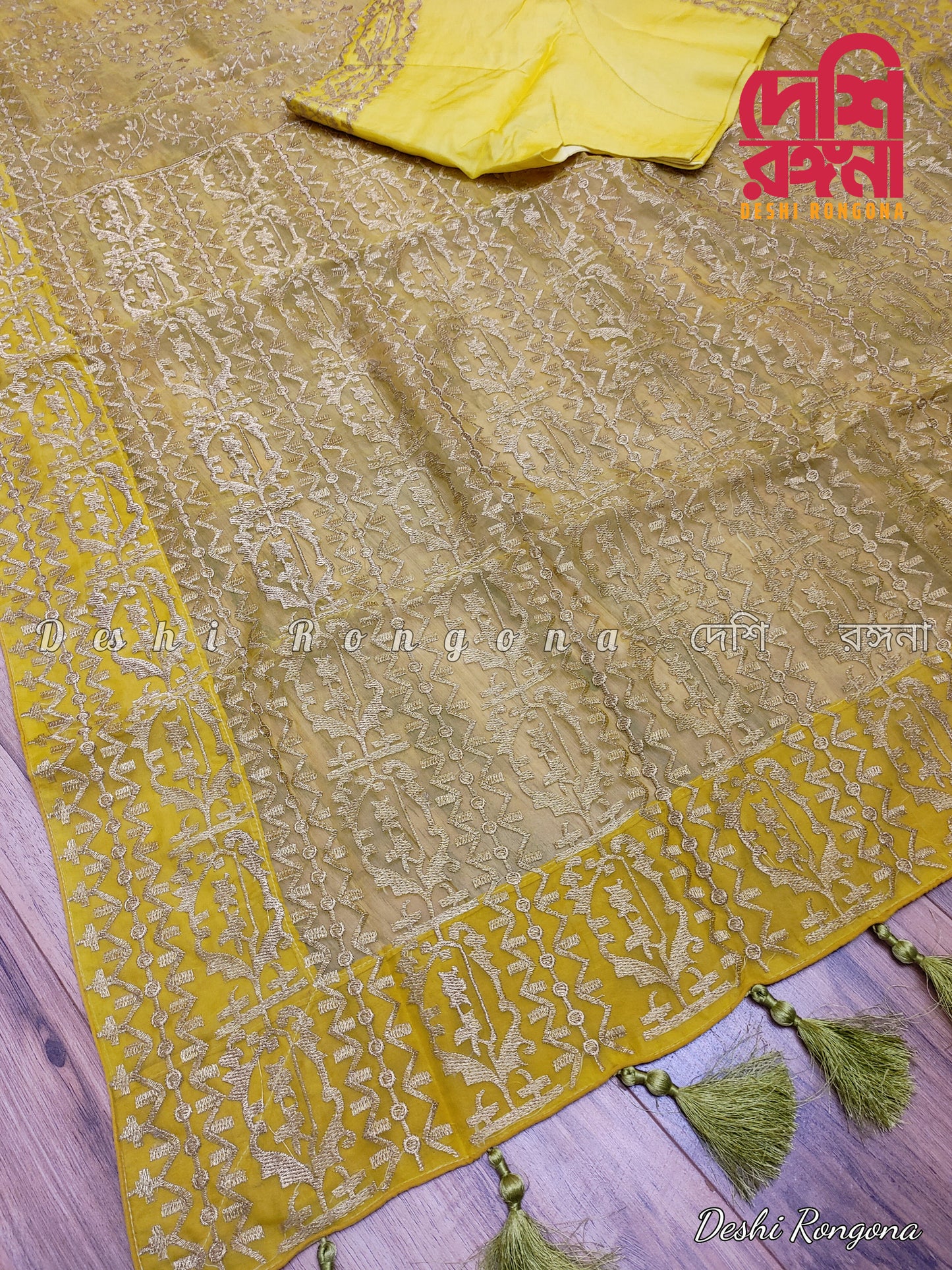Original Moslin Hand Embroidery work Saree, Lemon Lime Color