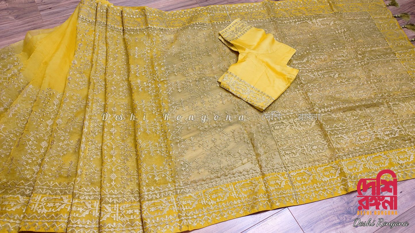 Original Moslin Hand Embroidery work Saree, Lemon Lime Color