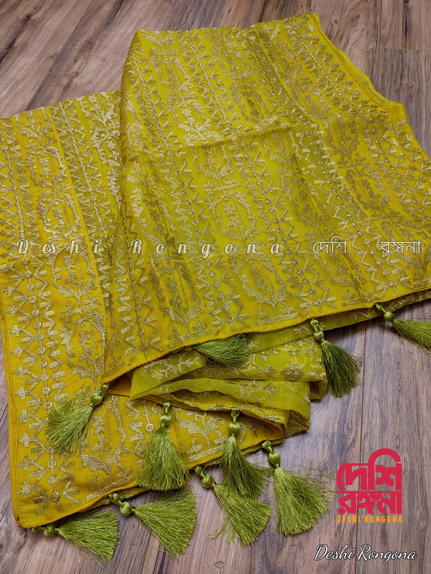 Original Moslin Hand Embroidery work Saree, Lemon Lime Color