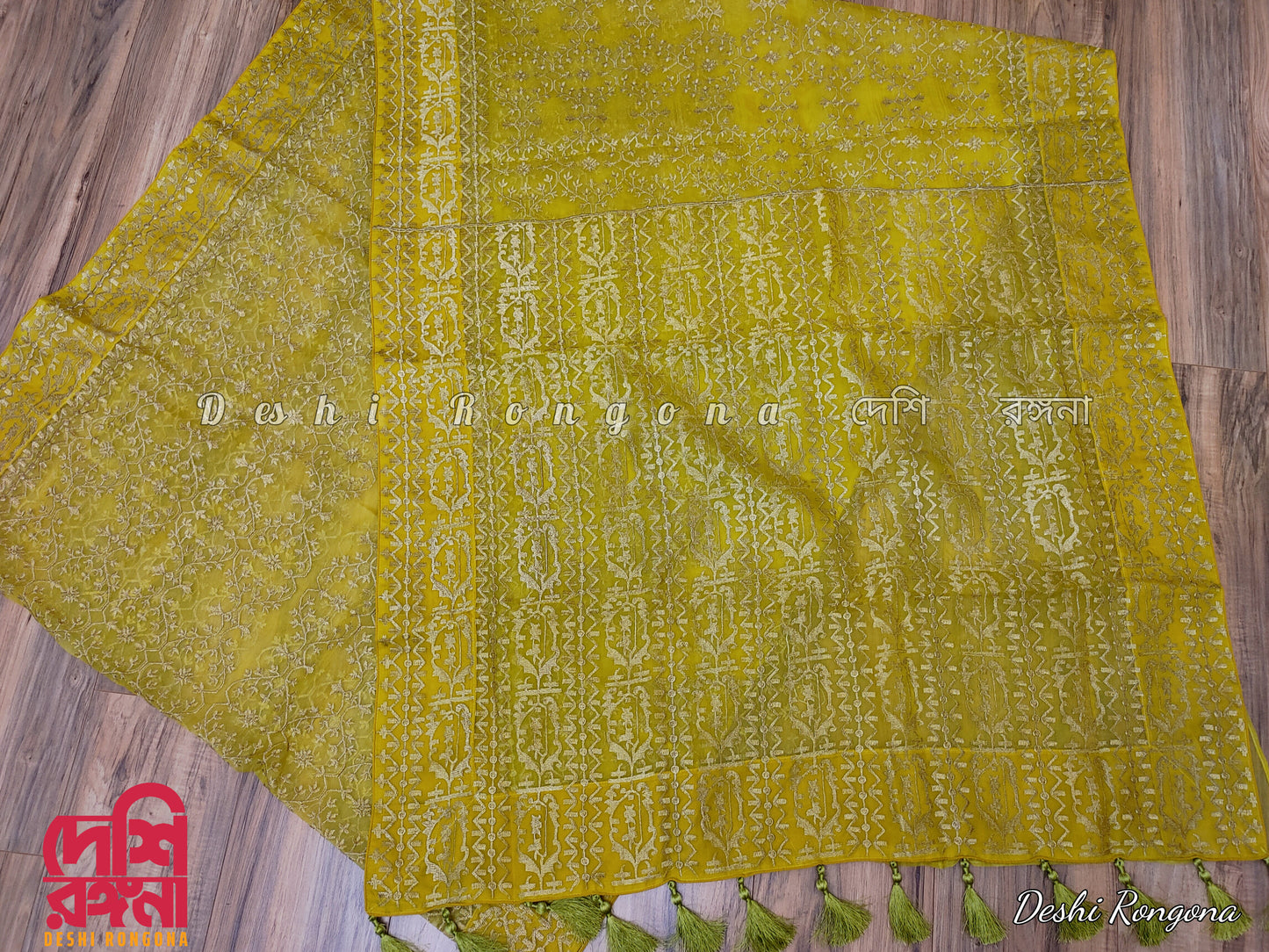 Original Moslin Hand Embroidery work Saree, Lemon Lime Color