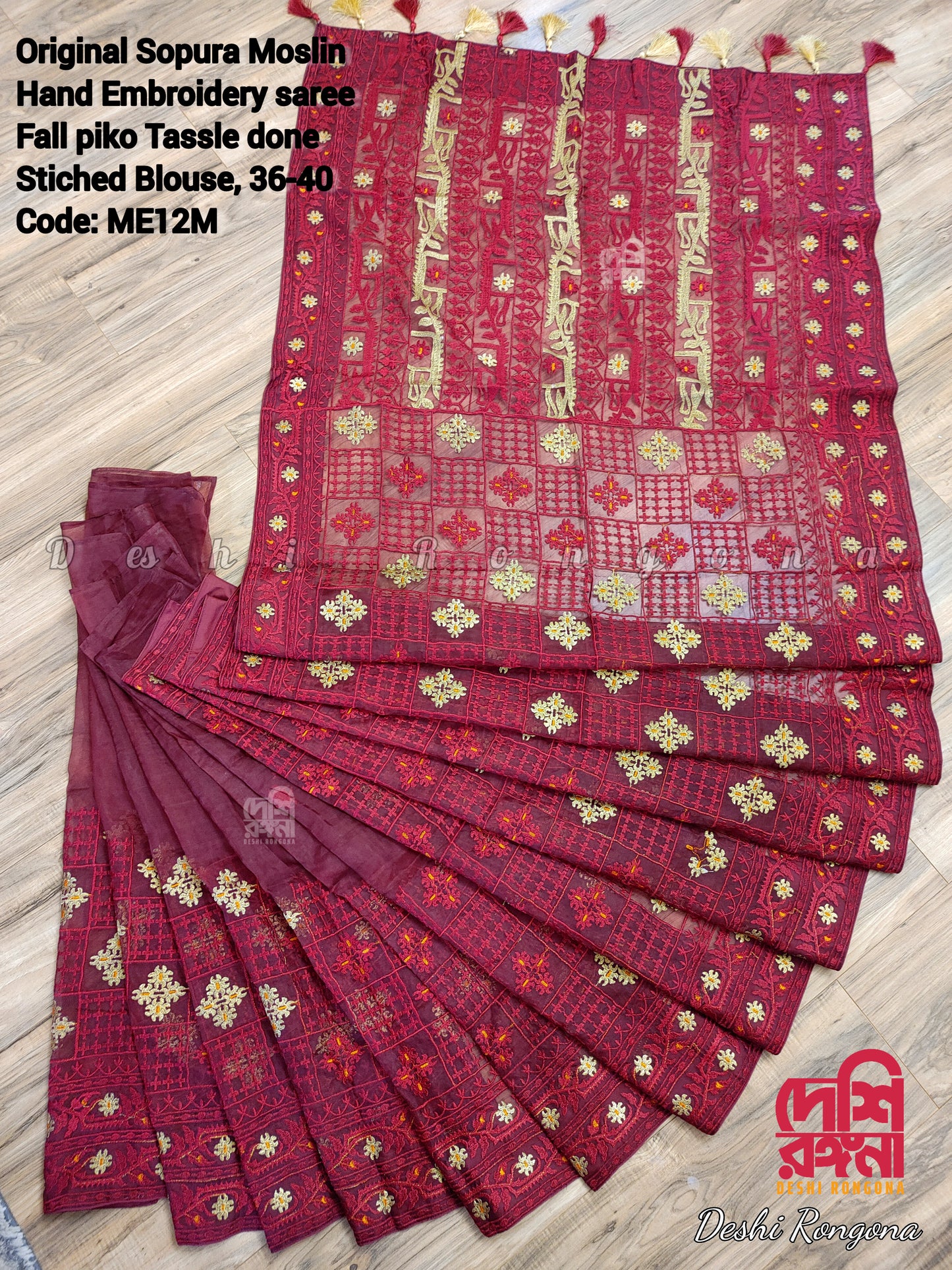 Original Moslin Hand Embroidery work Saree, Maroon