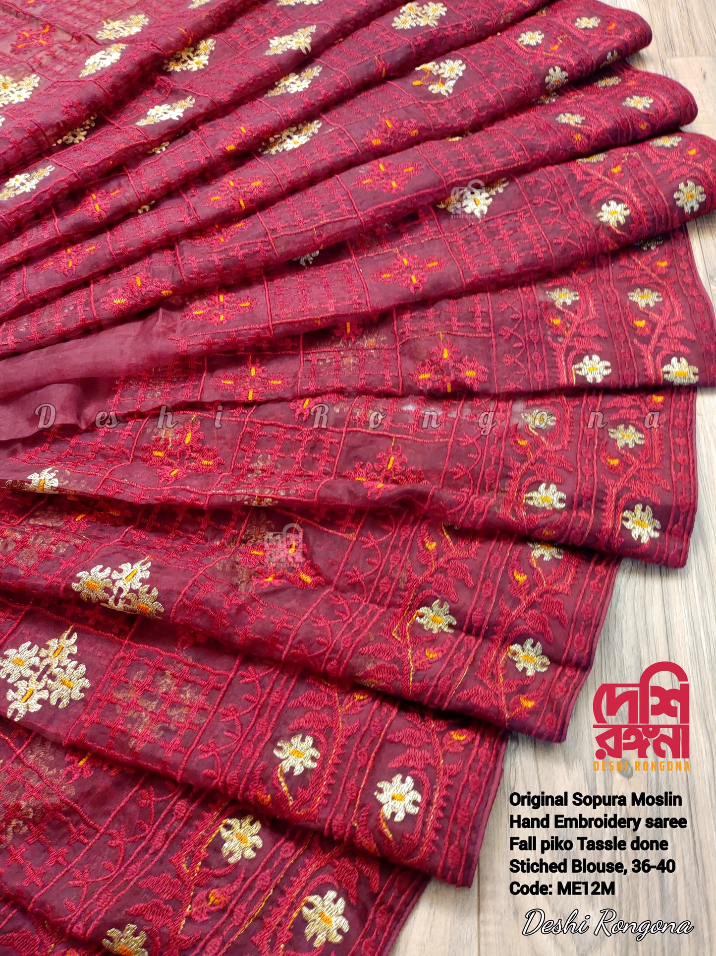 Original Moslin Hand Embroidery work Saree, Maroon