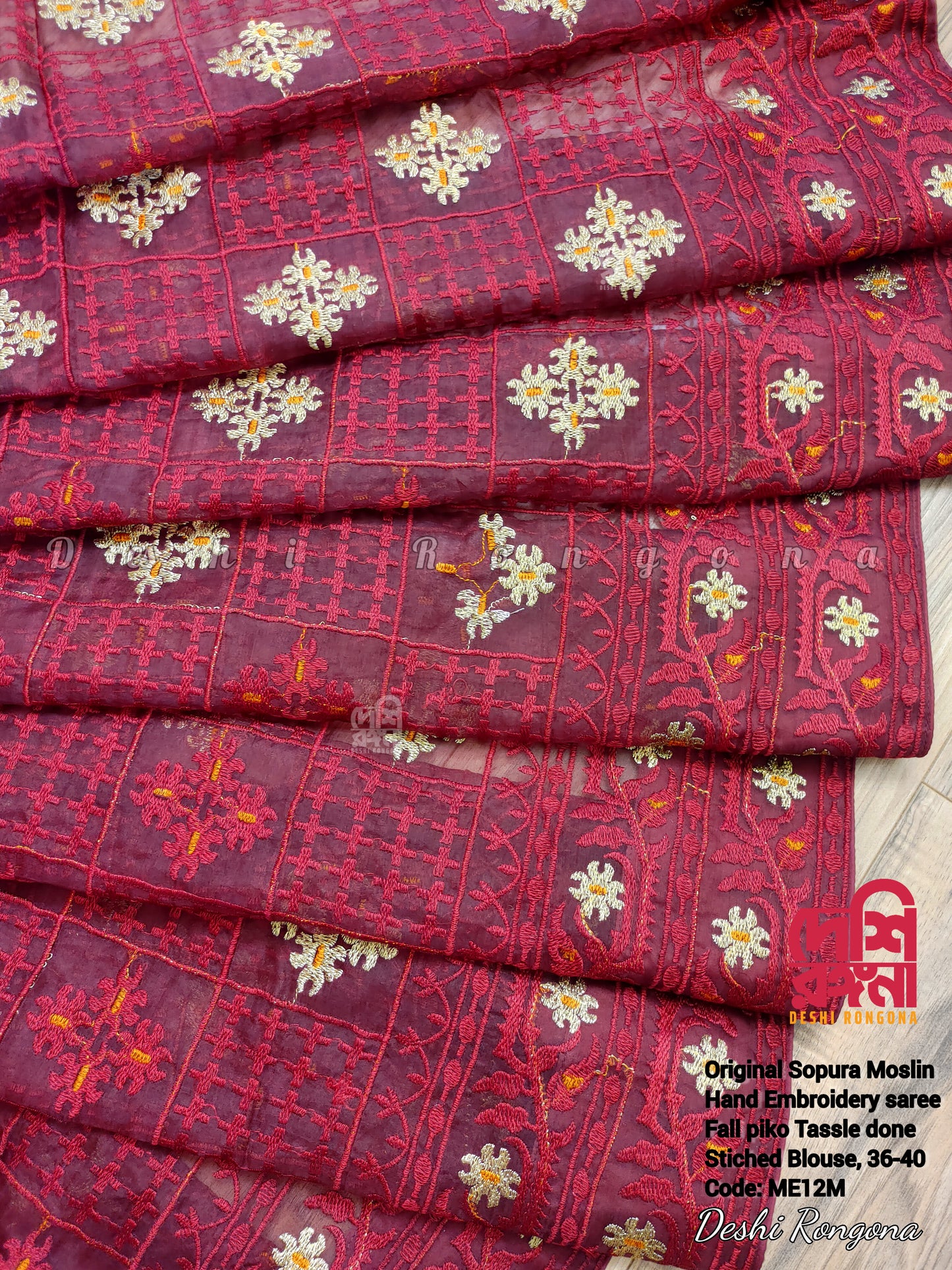 Original Moslin Hand Embroidery work Saree, Maroon