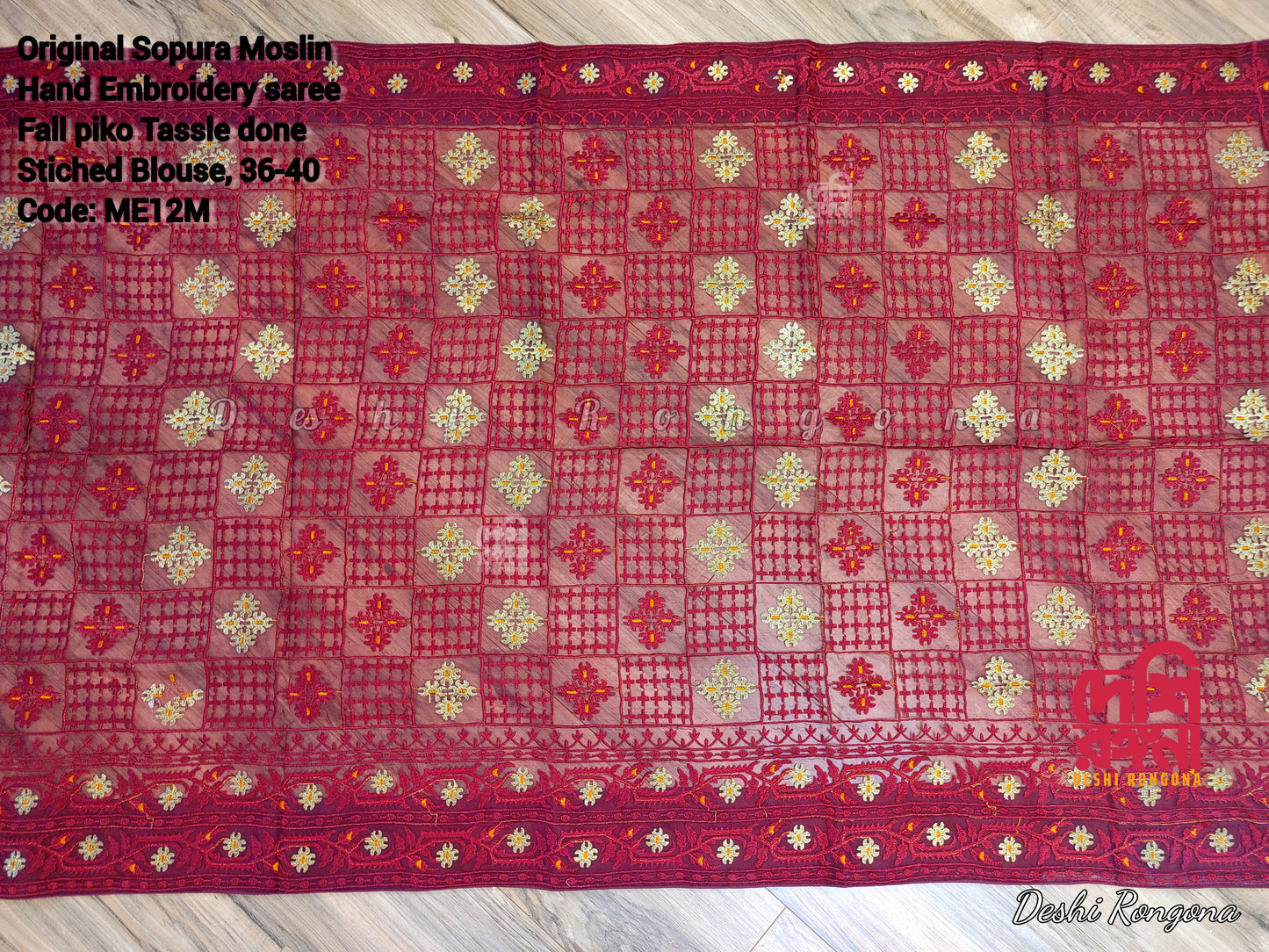 Original Moslin Hand Embroidery work Saree, Maroon