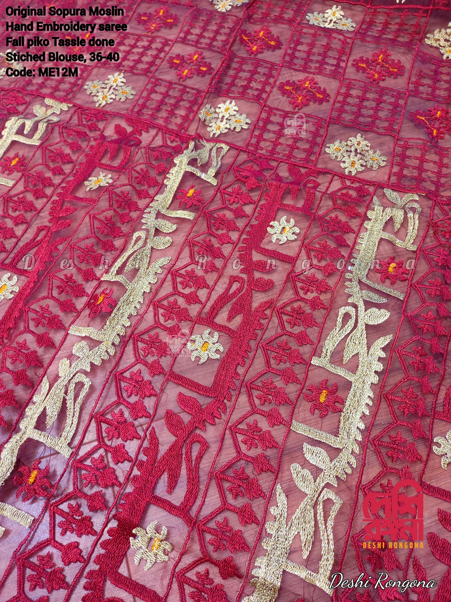 Original Moslin Hand Embroidery work Saree, Maroon