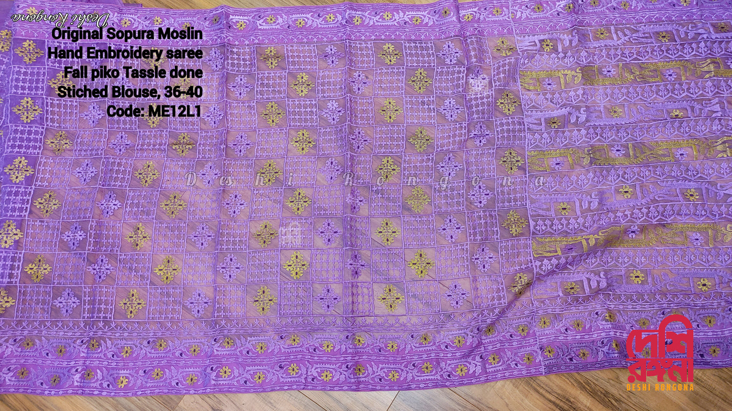 Original Moslin Hand Embroidery work Saree, Lavender Dream