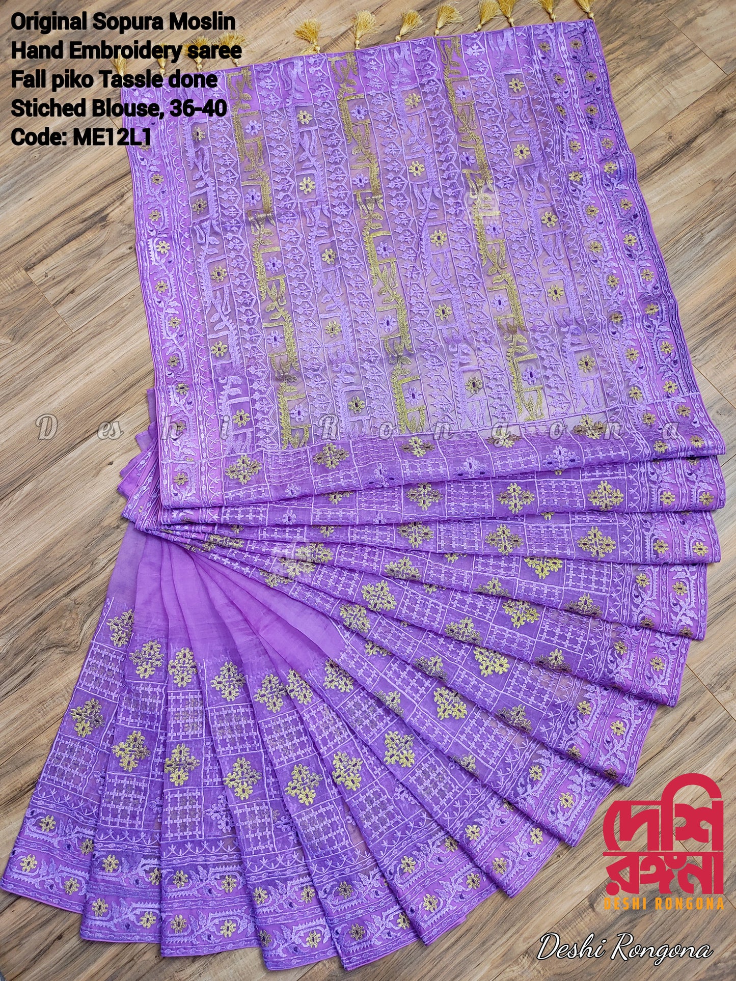 Original Moslin Hand Embroidery work Saree, Lavender Dream