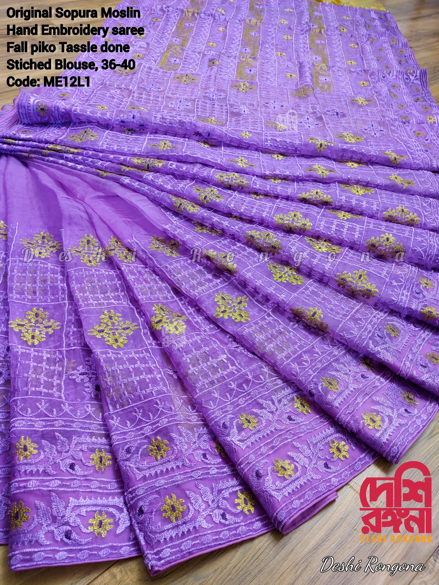 Original Moslin Hand Embroidery work Saree, Lavender Dream