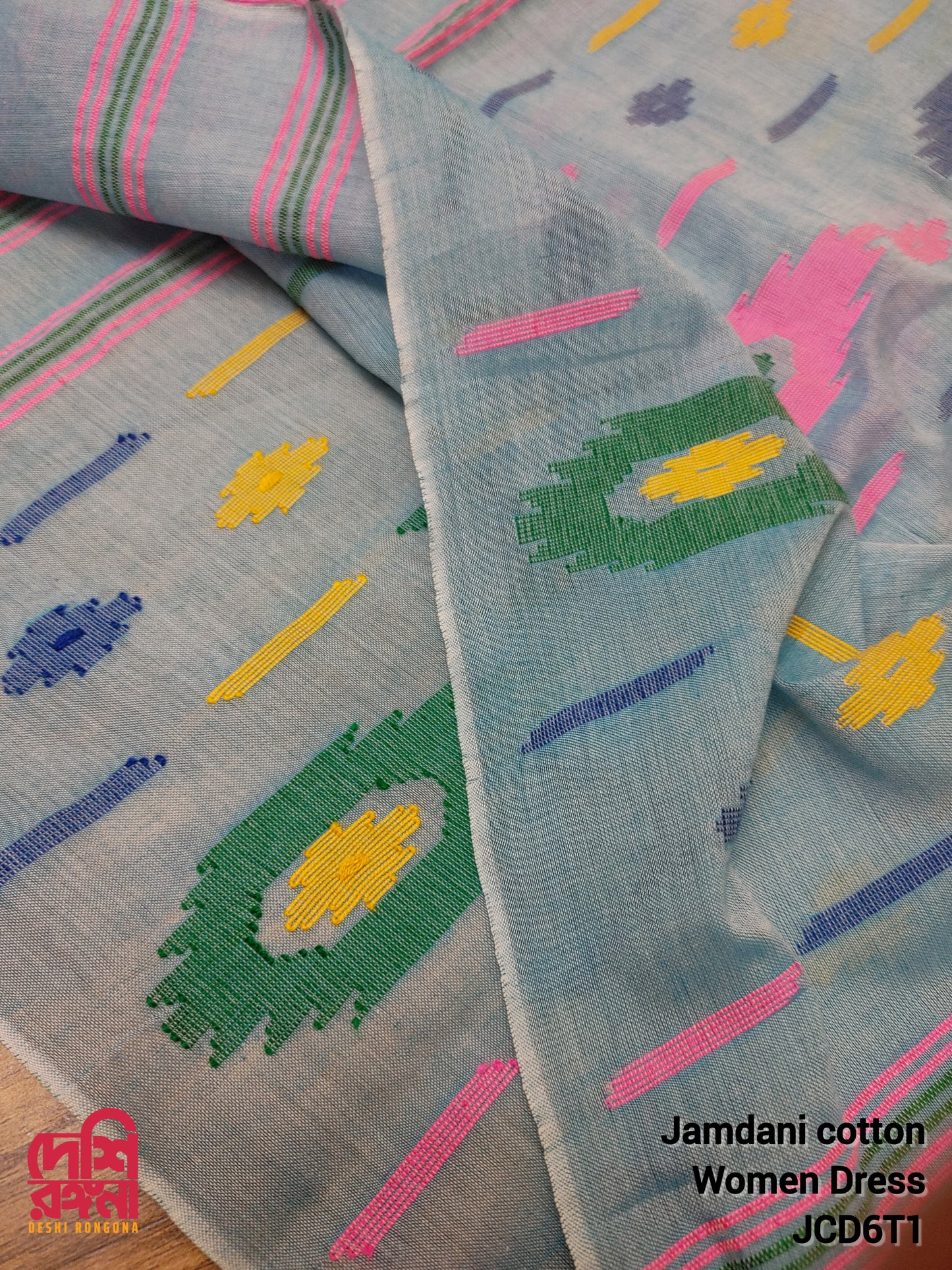 Original Dhakai Jamdani Women Dress, Cotton, Size 40, Turquoise / Multi work, Handwoven, Soft, Comfortable Summer Wear, Kamij, Pant,Dupatta